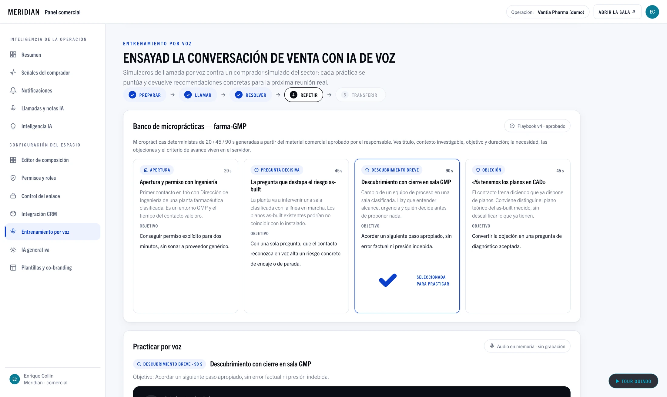 Pantalla de preparación de la siguiente conversación a partir de las señales de la sala.