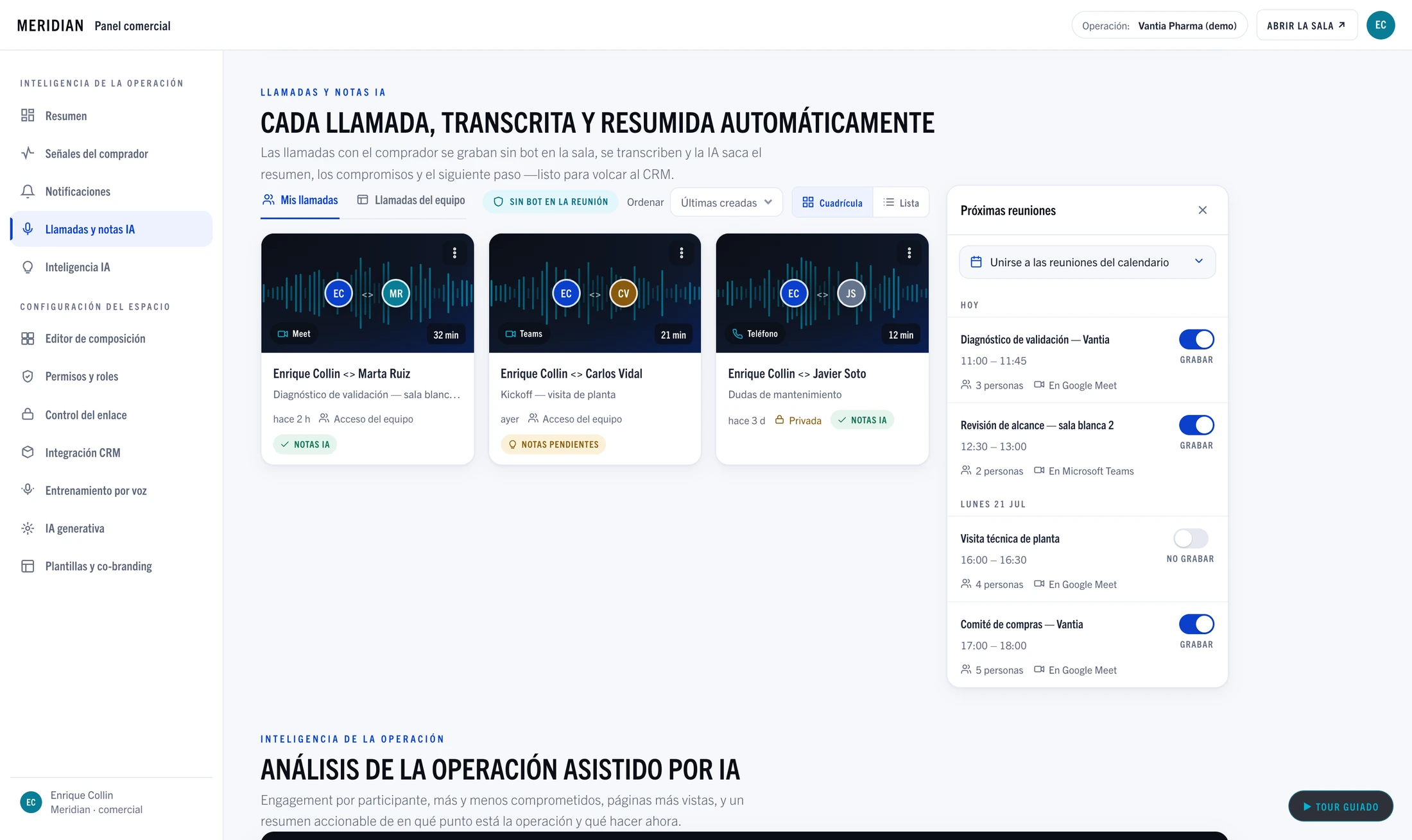 Sección de llamadas y notas del panel, con las transcripciones asociadas a la operación.