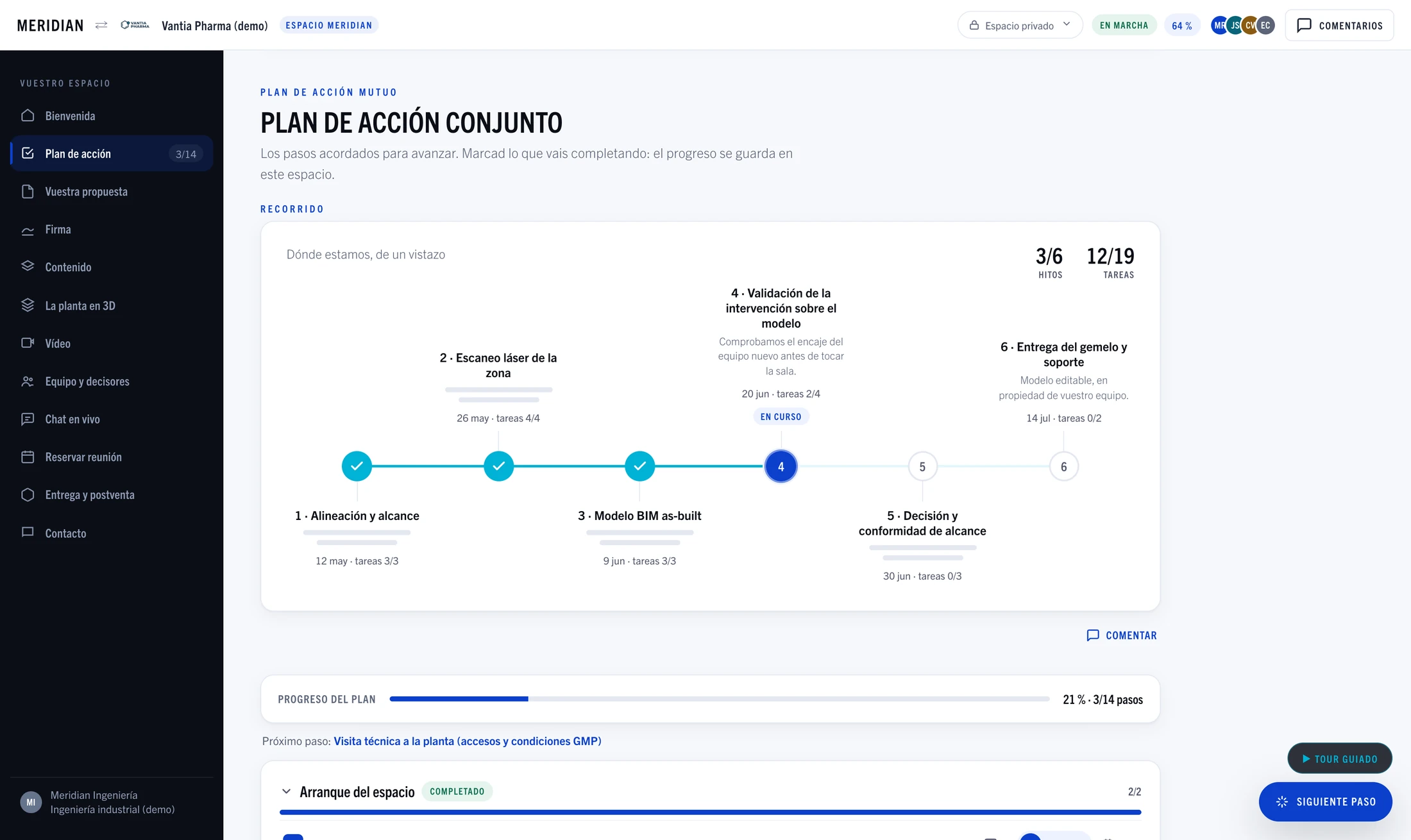 Plan de trabajo compartido con los pasos hasta la firma, su responsable y su estado de avance.