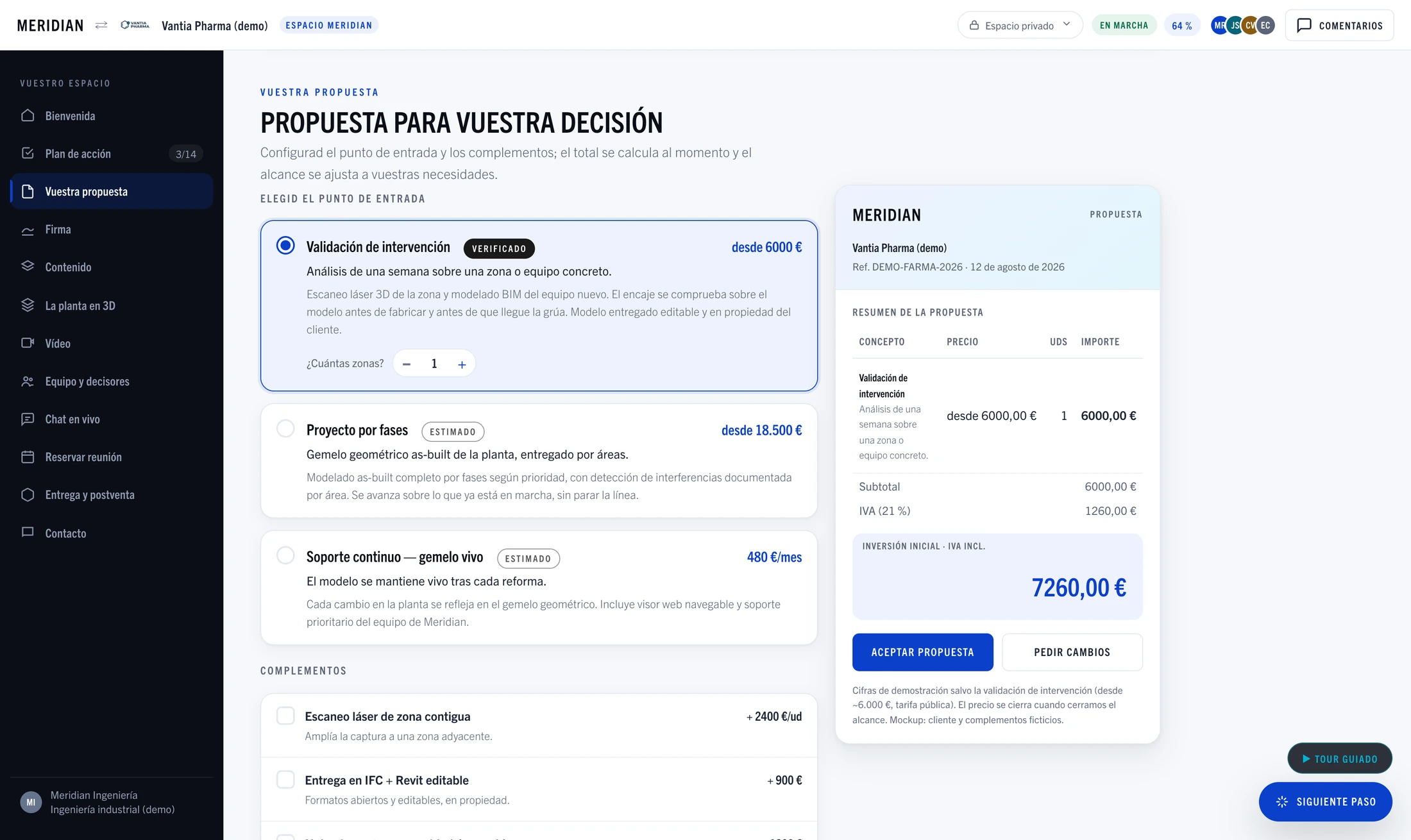 Pantalla de la propuesta dentro de la sala: puntos de entrada seleccionables, complementos y resumen con el total recalculado.